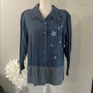 Cervelle Embroidered Blue Denim Women's Top